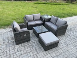 Fimous 6 Piece Garden Furniture Sets 6 Seater Outdoor Patio Furniture Set Weaving Wicker Rattan Sofa Chair and Table with Big Footstool Side Table