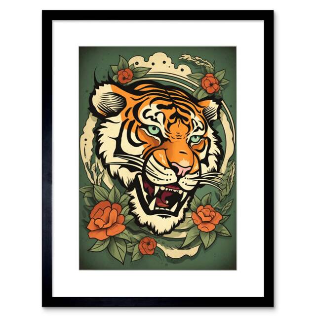 "Floral Tiger Head Old School USA Tattoo Ink Rockabilly 50s 9x7"" Black Framed Wall Art Print"