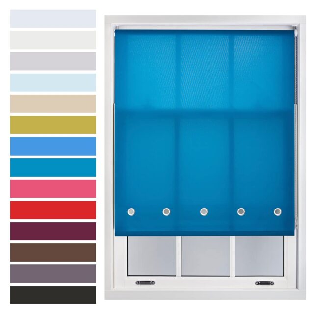 FURNISHED Roller Blinds with Chrome Round Eyelets and Metal Fittings Cut to Size Sheer Window Shade Blue Teal (W) 150cm x (L) 210cm