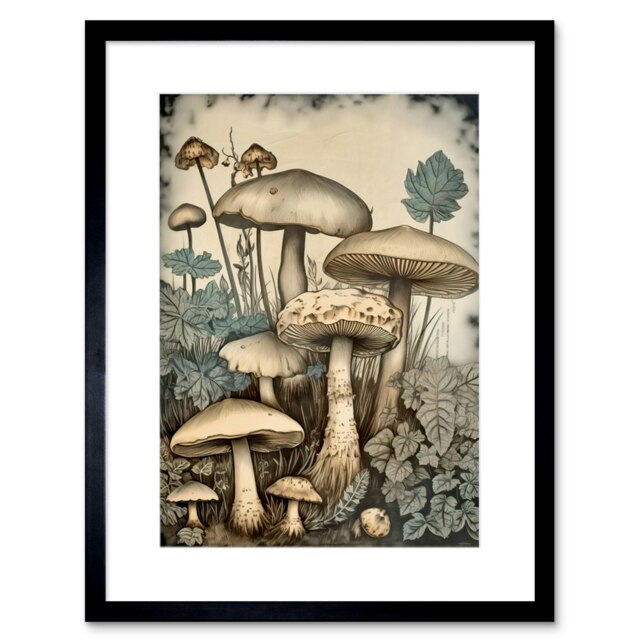 "Mushroom Fungi Watercolour Vintage Cottage Core 9x7"" Black Framed Wall Art Print"