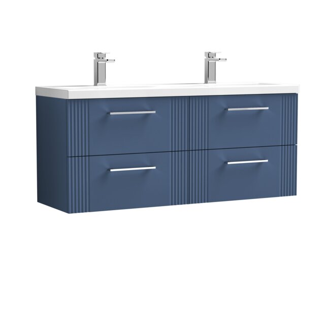 Balterley Partial Fluted 4 Drawer Wall Hung Vanity Unit with Double Ceramic Basin Blue Satin Blue