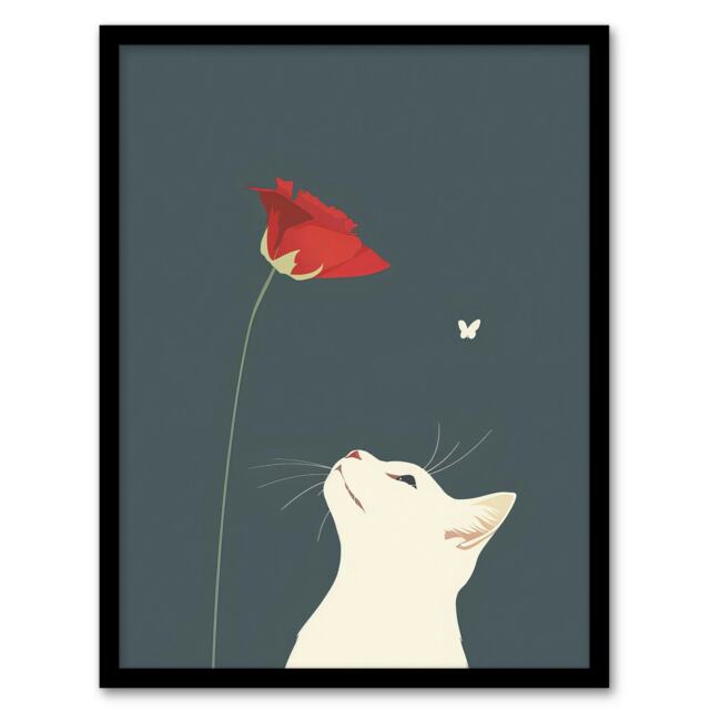 White Cat Rose Butterfly Simple Cute Home Decor Black Framed Wall Art Print A4