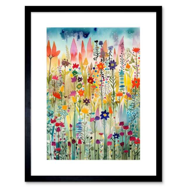 "Layered Spring Flower Field Folk Art 9x7"" Black Framed Wall Art Print"