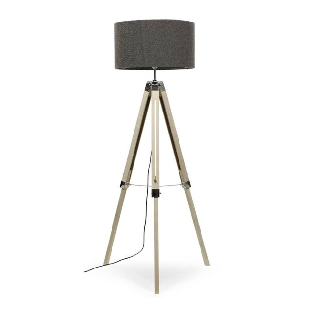 ValueLights Clipper Light Wood Floor Lamp Charcoal Boucle Shade and Bulb