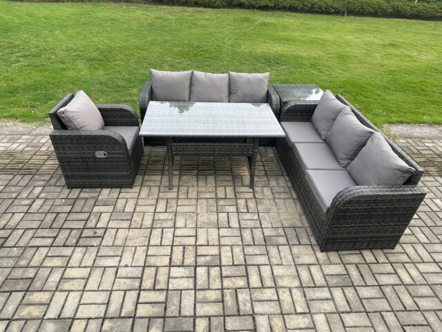 Fimous 7 Seater Rattan Garden Furniture Set Oblong Rectangular Dining Table and Chairs Set with 3 Seater Sofa Side Tables Dark Grey Mixed