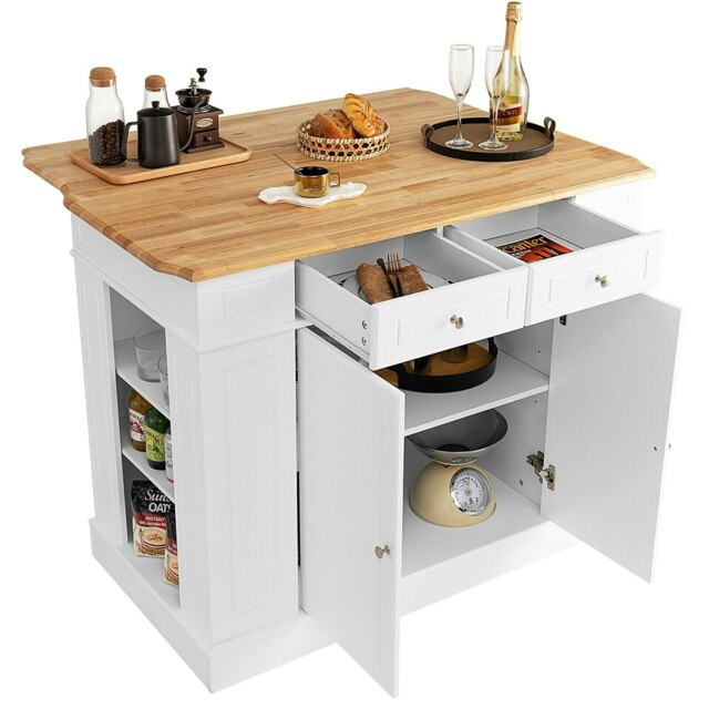 COSTWAY Kitchen Island Storage Cupboard W/Drop Leaf Countertop White White 1