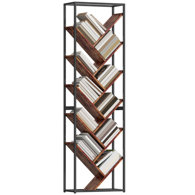 HOMCOM 10 Tier Tree Bookshelf Industrial Tall Bookcase Rustic Brown Black Black Rustic Brown and Black