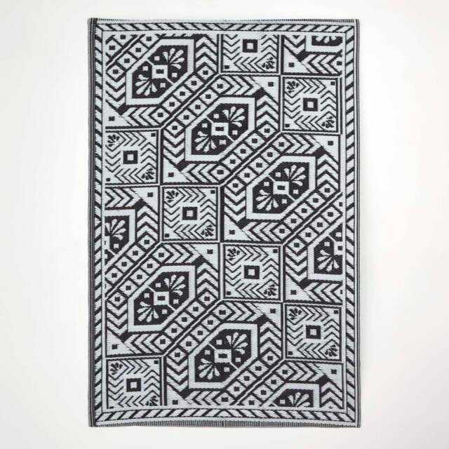 Homescapes Outdoor Rug Luxury Waterproof Reversible, For Garden, Geometric Aztec Black Black and White