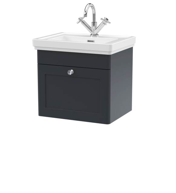 Balterley Classic Traditional Bathroom Wall Hung 1-Drawer Vanity Unit & Fireclay Basin Grey Dark Grey