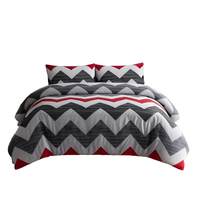 Duvet Cover And Pillowcase Set Grey And Red Zig Zag Reversible Print Design Polycotton Bed Linen Grey Super King
