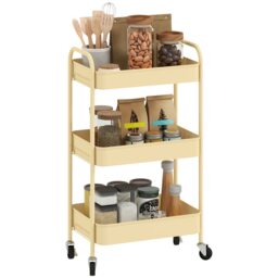 HOMCOM 3 Tier Rolling Utility Cart with 3 Mesh Basket, Yellow Yellow
