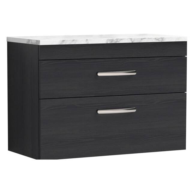 Balterley Millwich Contemporary 2 Drawer Wall Hung Vanity Unit with Laminate Carrara Marble Worktop, Charcoal Black, 800mm
