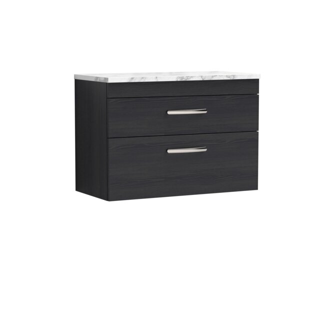 Balterley Millwich Contemporary 2 Drawer Wall Hung Vanity Unit with Laminate Carrara Marble Worktop, Charcoal Black, 800mm