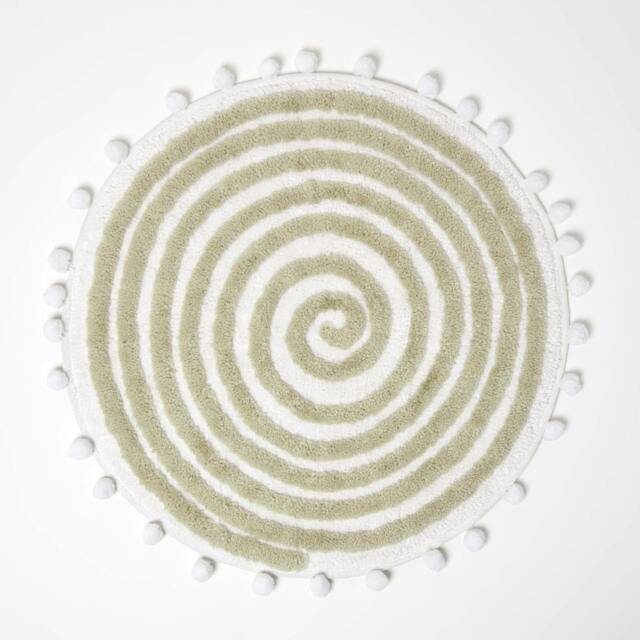 Homescapes Spiral Sage Green Cotton Bath Mat with Pom Pom Edges Green