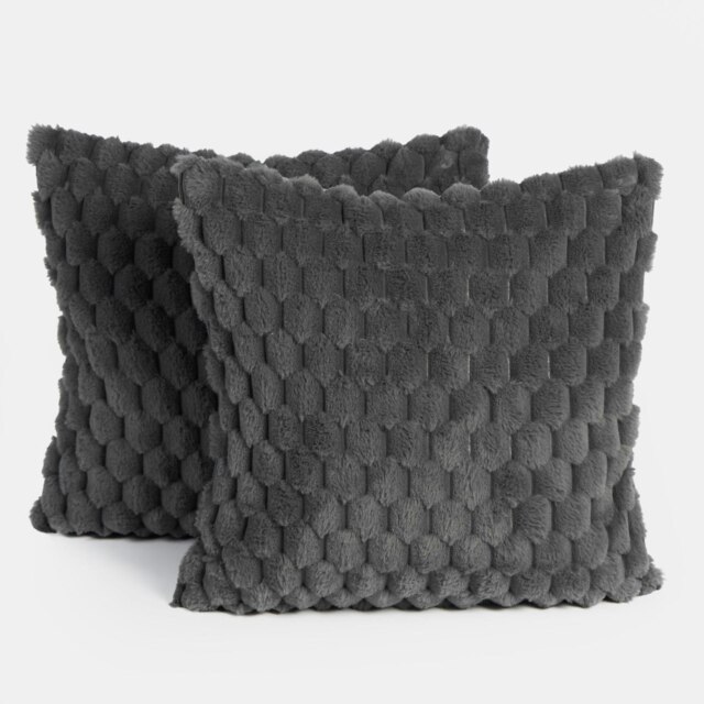 OHS 2 x Faux Fur Waffle Fleece Soft Cushion Covers, 45x45cm - Charcoal