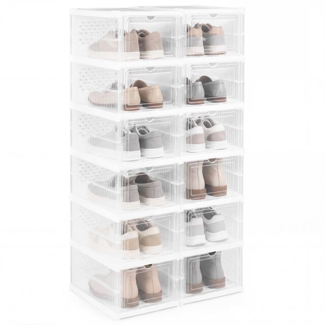 COSTWAY 6-Tier Shoe Organizer Set of 2 Folding Plastic Sneaker Storage Boxes