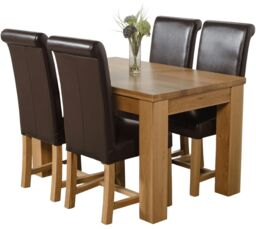 Dakota 127 x 82cm Oak Small Dining Table and 4 Washington Leather Chairs Brown Brown