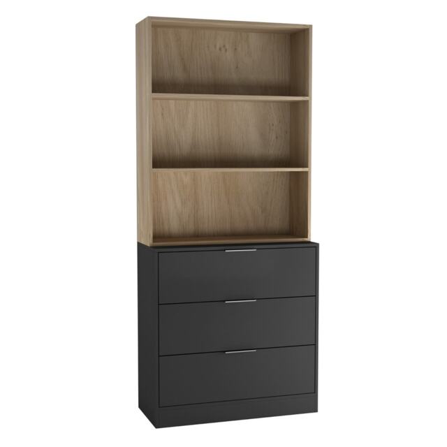 3 Drawer Tier Wooden Storage Chest Cabinet & Display Bookcase Shelving Black Black Drawers & Oak Bookcase 1