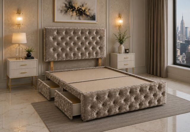 Brooklyn Divan Bed with Upholstered Headboard & Footboard Base - Double Brown Crush 4 Drawers