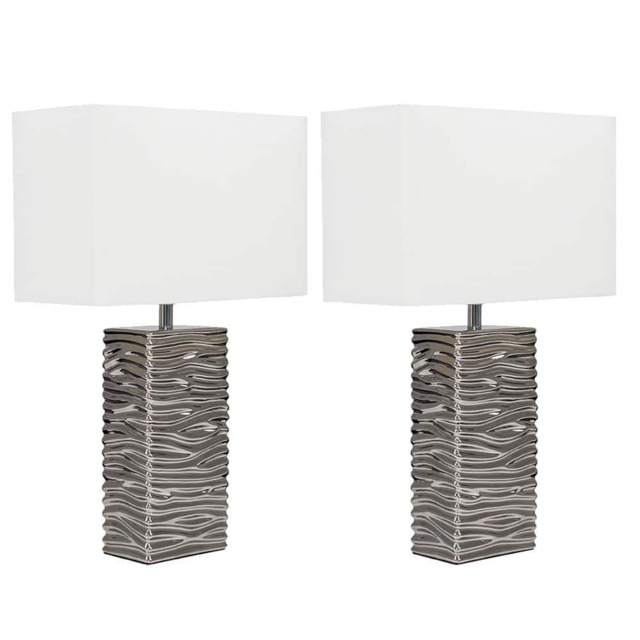ValueLights Etienne Pair Silver Ripple Effect Ceramic Table Lamps With White Shades