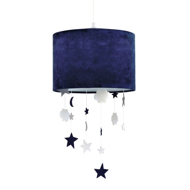 Soft Midnight Blue Velvet Pendant Lamp Shade with Hanging Felt Stars and Clouds Blue Midnight Blue 1