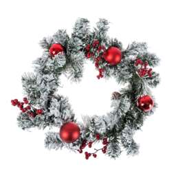 Homescapes Frosted Large Artificial Fir Branch Christmas Wreath with Red Baubles, 19 Inch
