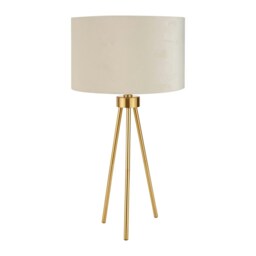 Brass Metal Tripod Table Lamp With Cream Velvet Shade
