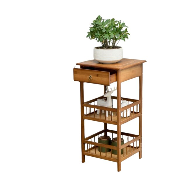 3 Tier Wooden Tall Side Table With Drawer Brown One Size