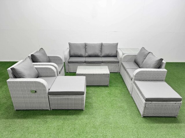 Fimous PE Rattan Garden Furniture Set Adjustable Chair Sofa Double Love Seat 2 Seater Sofa Lounge Set Oblong Coffee Table 2 Big Footstool Side Table Light Grey