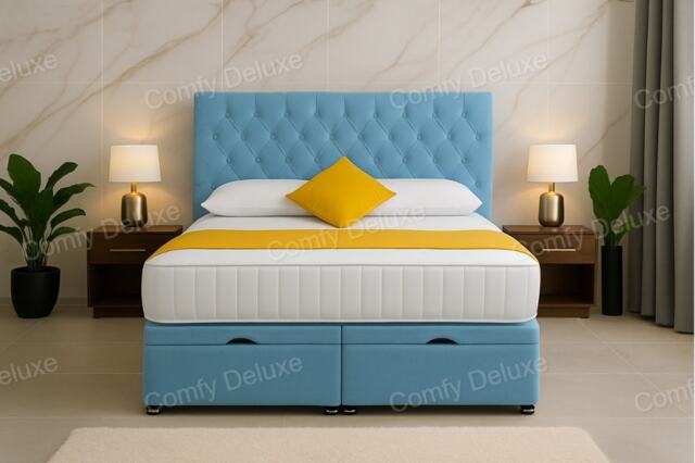 Ottoman Storage Sky Blue Plush Velvet 2ft6 Small Single Headboard with Mattress
