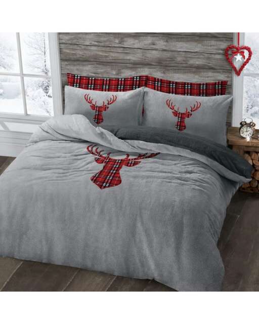 Velosso Stag Head Teddy Fluffy and Warm Fleece Duvet Cover Set Silver Silver Single