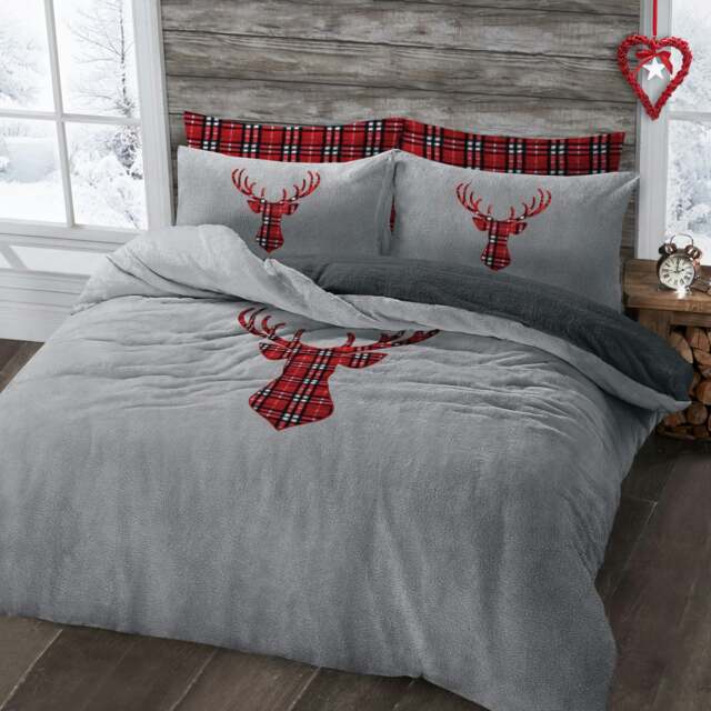 Velosso Stag Head Teddy Fluffy and Warm Fleece Duvet Cover Set Silver Silver Single