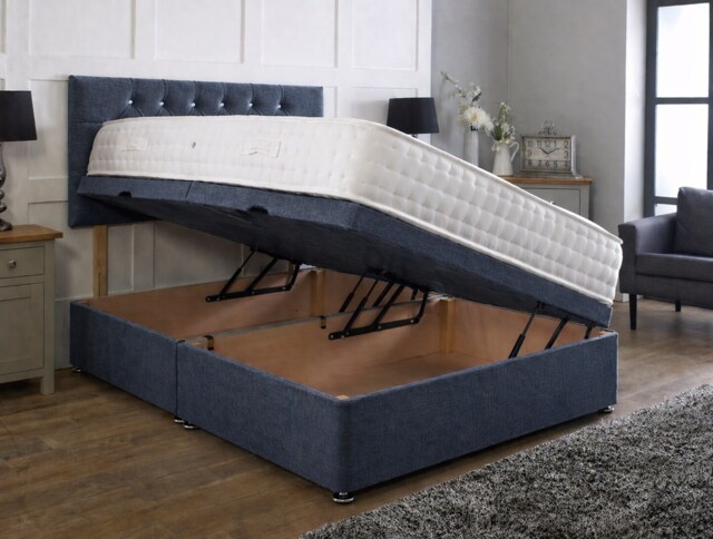 Side Lift Ottoman Denim Linen 2ft6 Small Single Bed Set Headboard and Mattress Included