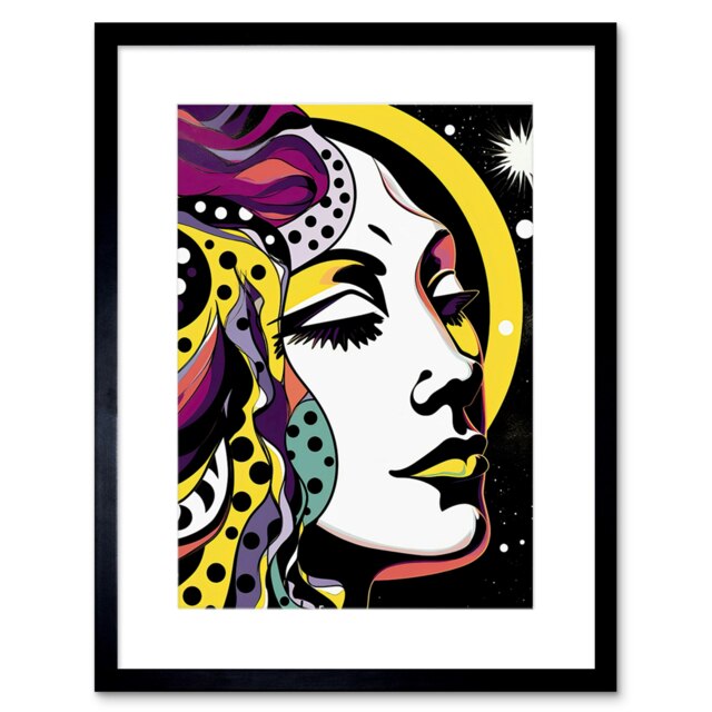 "New Moon New Beginnings Comic Book Style Night Sky Stars 9x7"" Black Framed Wall Art Print"