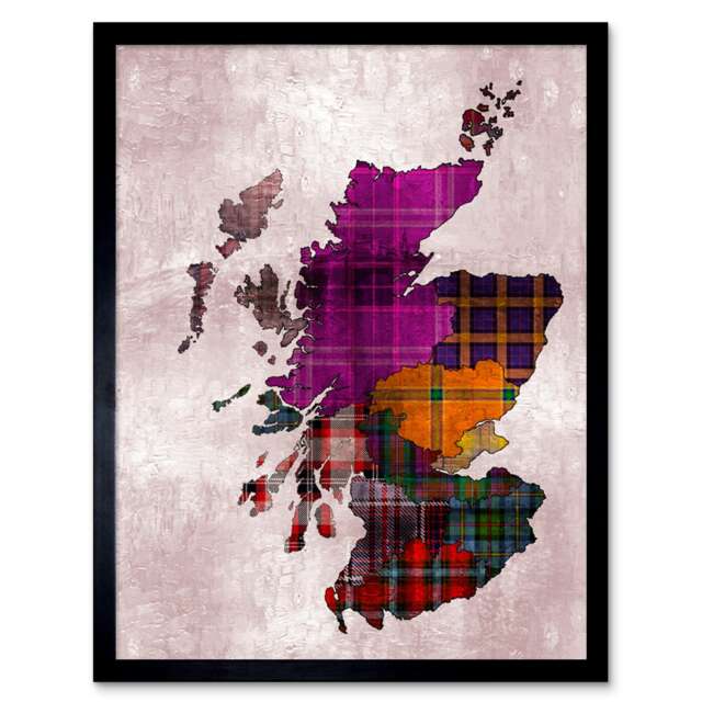 "Scotland Map Tartan Regions Scottish Clan 12x16"" Framed Wall Art Print"
