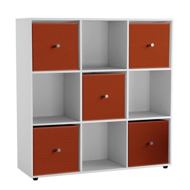 9 Cube Wooden Bookcase Shelving Unit with 5 Collapsible Fabric Drawers Multi White & Orange 1