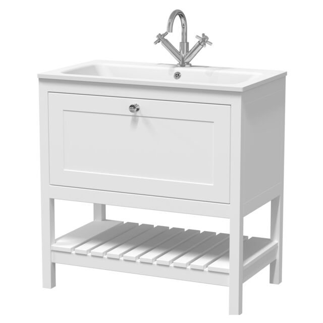 Balterley Coppenhall Contemporary 1 Drawer Floor Standing Vanity Unit with Stone Basin, Pure White, 800mm