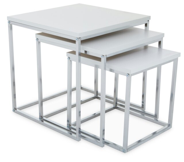 Interiors By Premier Sleek Design Matte White Nest Of 3 Tables With Chrome Finish, Modern Design Nesting Tables For Livingroom Silver