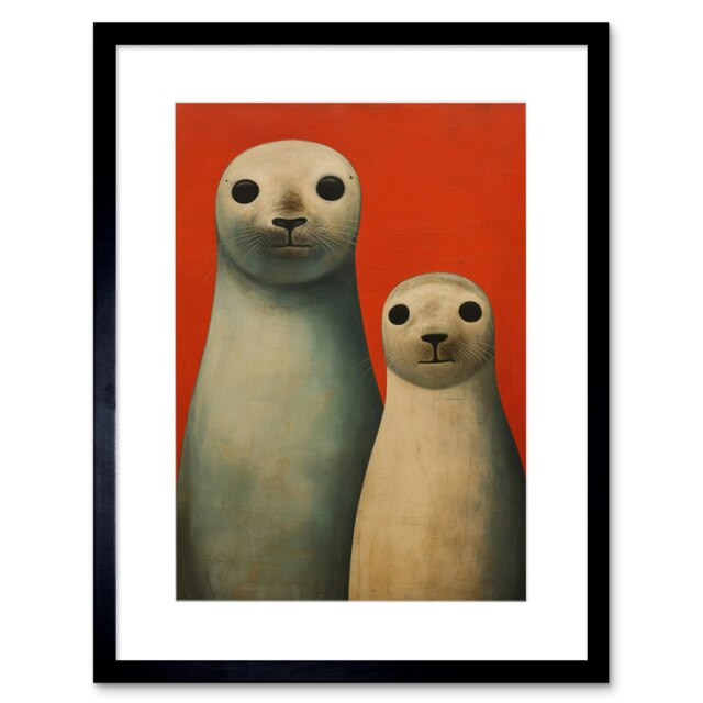 "Seal Mother Pup Bold Red Animal Portrait 9x7"" Black Framed Wall Art Print"