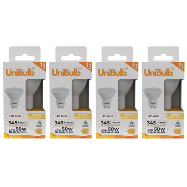 UniBulb LED GU10 345lm 3.6W (Replaces 50W) 3000K (Warm White) Spotlight Downlight Light Bulb - Pack of 4