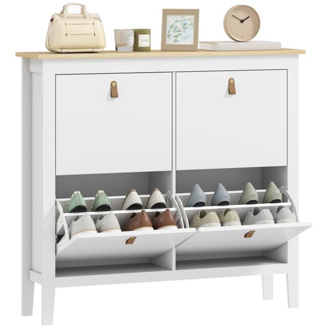 HOMCOM 4 Drawer Shoe Cabinet with Flip Doors, Narrow Shoe Storage Cabinet with Removable and Adjustable Shelves, 20 Pairs Footwear Cupboard for Hallway, Entryway, 105 x 24 x 95.5 cm, White White 1