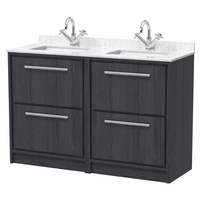 Balterley Longnor 4 Drawer Floor Standing Vanity Unit with Square Basin and Marble Worktop, Woodgrain Graphite Grey, 1200mm