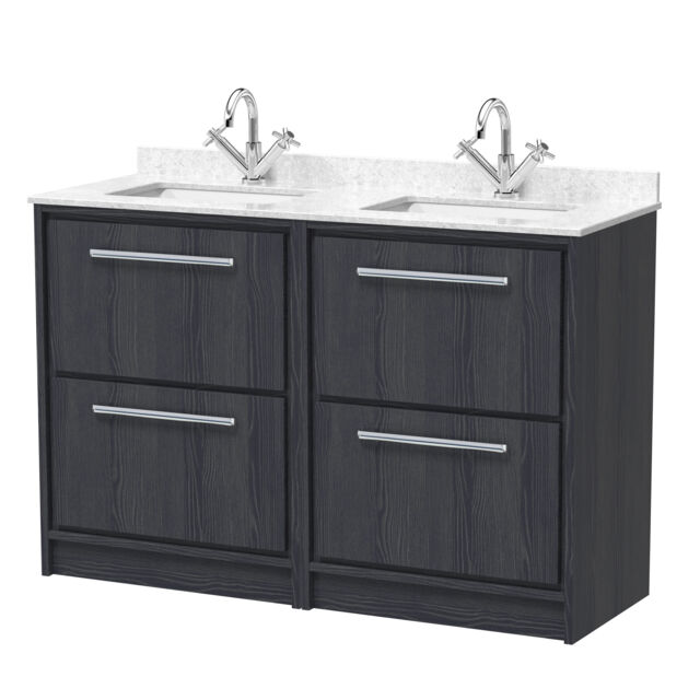 Balterley Longnor 4 Drawer Floor Standing Vanity Unit with Square Basin and Marble Worktop, Woodgrain Graphite Grey, 1200mm