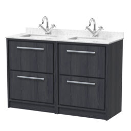 Balterley Longnor 4 Drawer Floor Standing Vanity Unit with Square Basin and Marble Worktop, Woodgrain Graphite Grey, 1200mm