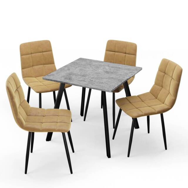 5-Piece Dining Set - 80cm Square Table and 4 Upholstered Velvet Chairs with Metal Legs Grey Concrete & Curly Yellow 5