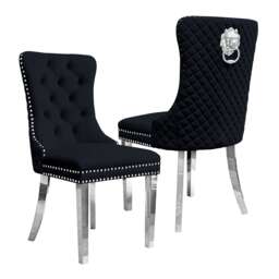 Groundlevel Set Of 2 Plush Velvet Dining Chairs With Lion Head Knocker Luxurious Black