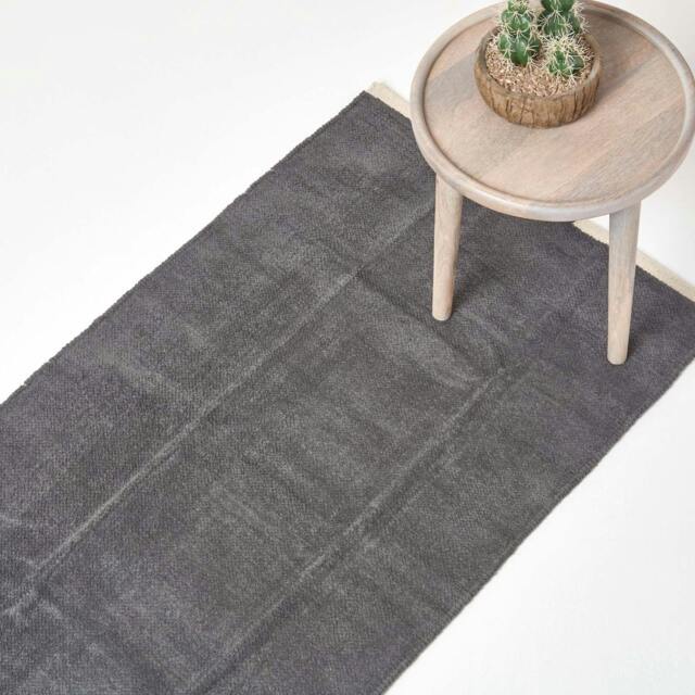 Homescapes Dark Grey Cotton Plain Chenille Runner with Natural Trim - 66 x 200 cm Grey Dark Grey