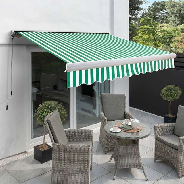 Awnings 4.5m x 3.0m Retractable Manual Full Cassette Green & White Awning Multi Green & White