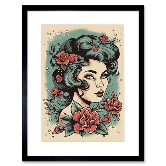 "Woman Rose Flowers Pin Up Rockabilly Americana 9x7"" Black Framed Wall Art Print"