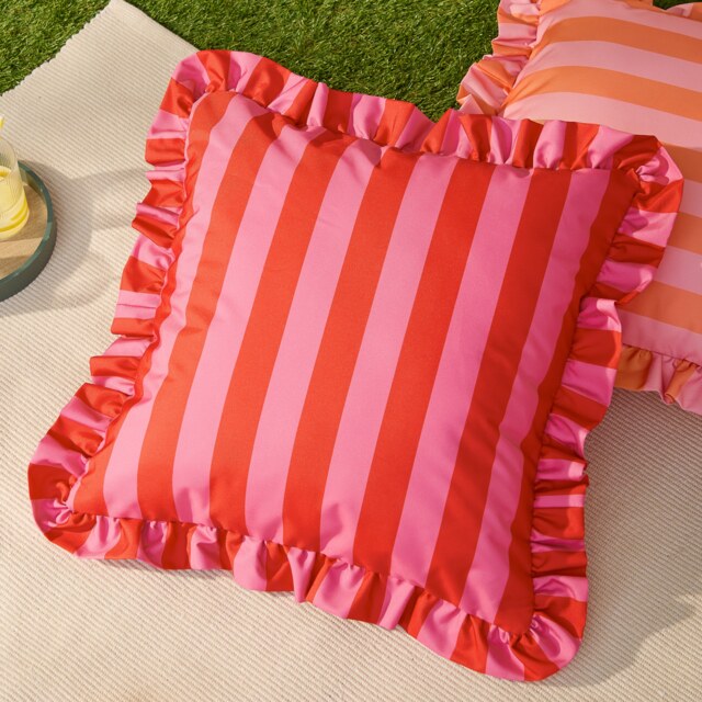 Furn Palm Royale Stripe Ruffle Printed Outdoor Cushion Pink Pink/Red